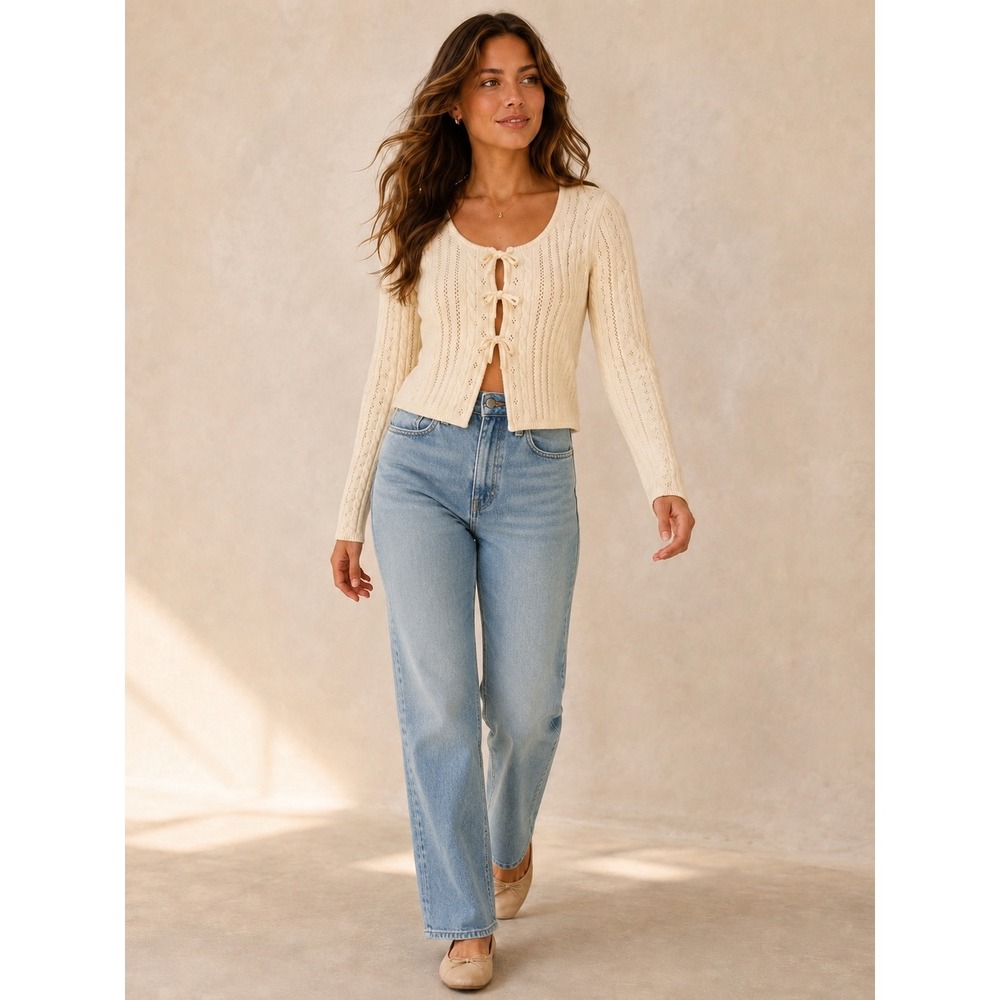 All In Favor Cream Pointelle Cable Knit Bow Front Cropped Cardigan Sweater Small